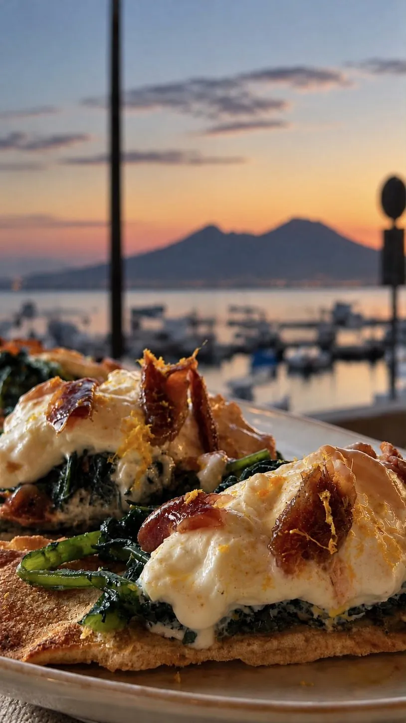 Pane farcito con friarielli, stracciatella e prosciutto croccante, Vesuvio al tramonto sullo sfondo