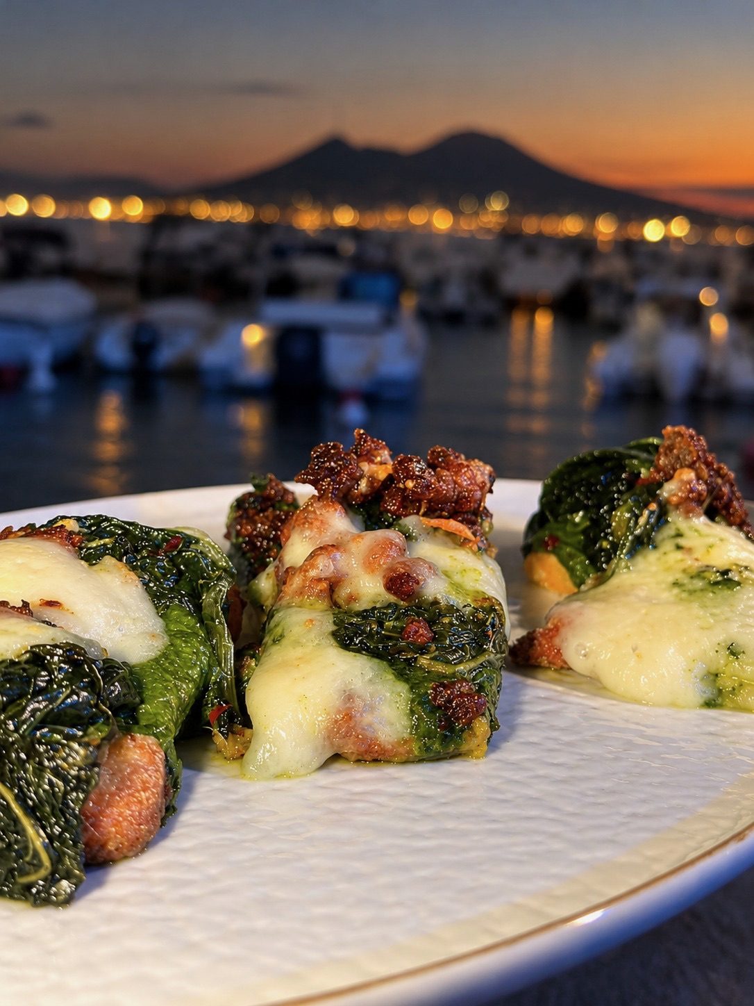 Involtini di verza con provola filante e salsiccia croccante, Vesuvio al tramonto sullo sfondo